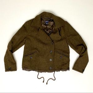 Gap Wool Short Brown Coat Jacket with Ruffle Hem, Size XSM